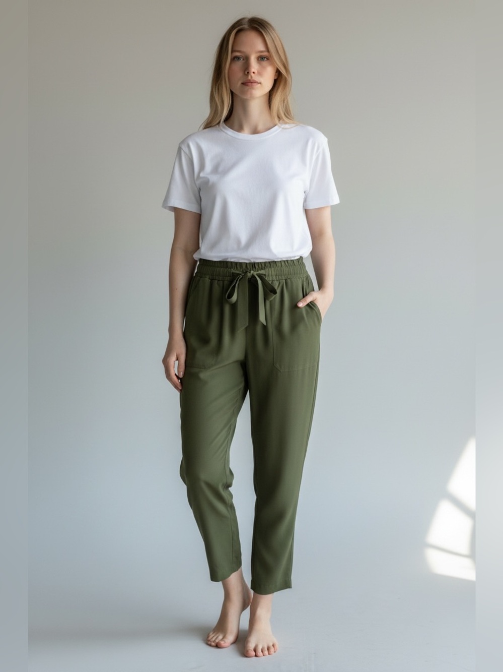 Zara Womens Green Tie Waist Pull On Ankle Length Pant Size Small Minimalist